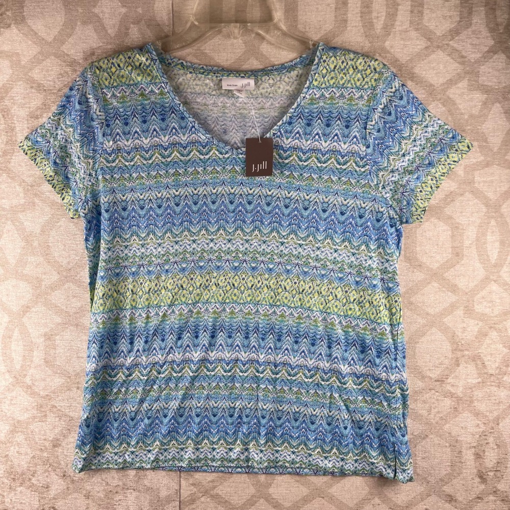J.Jill Love Linen Women SP Blue Green Chevron V-Neck Short Sleeve Tee NWT